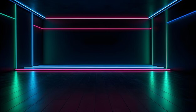 Futurystyczna scena kolorowe neony sceny tło pokoju i tło puste podium do wyświetlania produktów lub prezentacji abstrakcyjne nowoczesne idealne do prezentacji i nowoczesnych projektów Renderowanie 3D