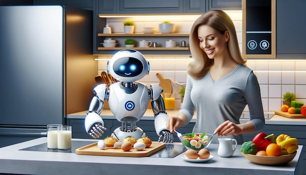 Futurystyczna scena kuchni z kobietą i robotem przygotowującym śniadanie