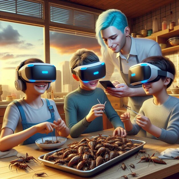 Zdjęcie futurystyczna scena rodzinnego obiadu menu oparte na owadach serwowane przez domowego robota cieszyć się świętami świętować