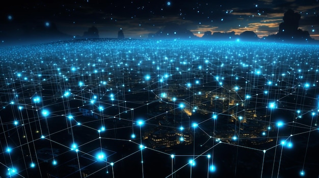 Futurystyczna sieć komputerowa łączy świecącą przestrzeń internetową
