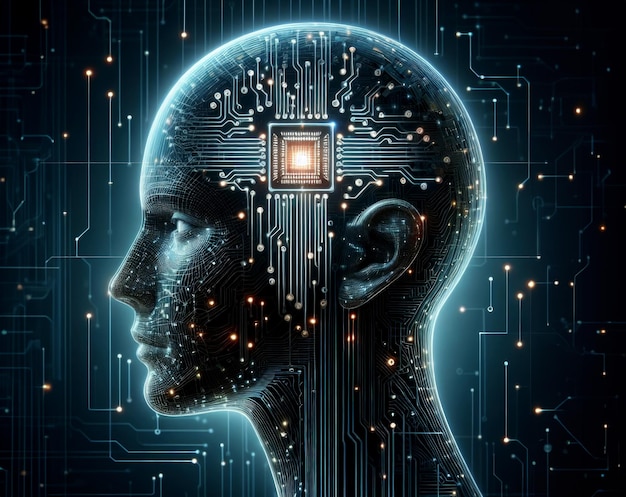 Zdjęcie futurystyczna sylwetka ludzkiej głowy z zintegrowanymi obwodami i świecącym chipem procesorowym