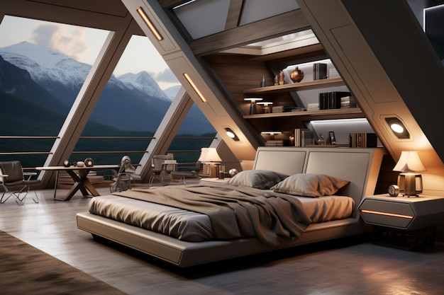 Futurystyczna sypialnia z geometryczną koncepcją i neutralnymi kolorami