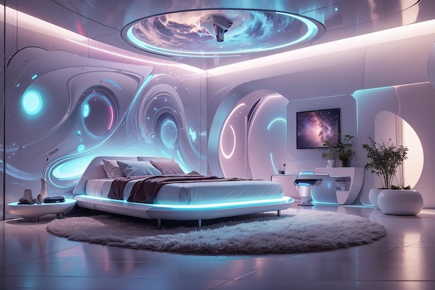 Zdjęcie futurystyczna sypialnia z pływającym łóżkiem i holograficzną grafiką ścienną