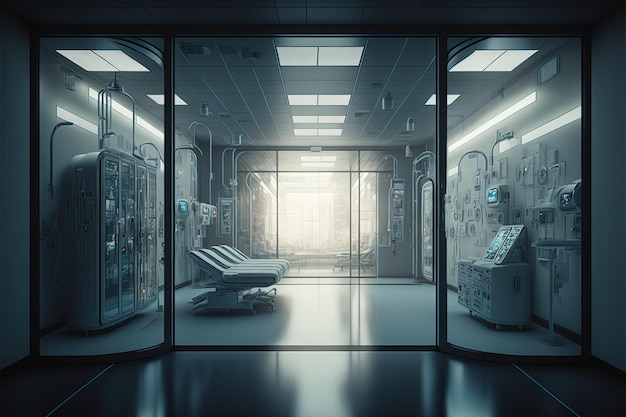 Futurystyczna szpitalna izba przyjęć z wyposażeniem medycznym Generative Ai