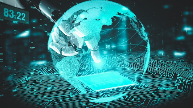 Futurystyczna sztuczna inteligencja robota oświecająca rozwój technologii AI i koncepcję uczenia maszynowego Globalne badania robotyki bionicznej na rzecz przyszłości ludzkiego życia Grafika renderowania 3D