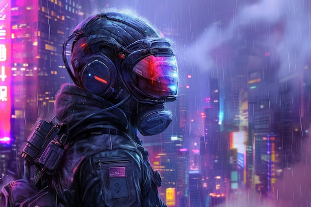 Futurystyczna tapeta z mężczyzną noszącym maskę w stylu cyberpunk