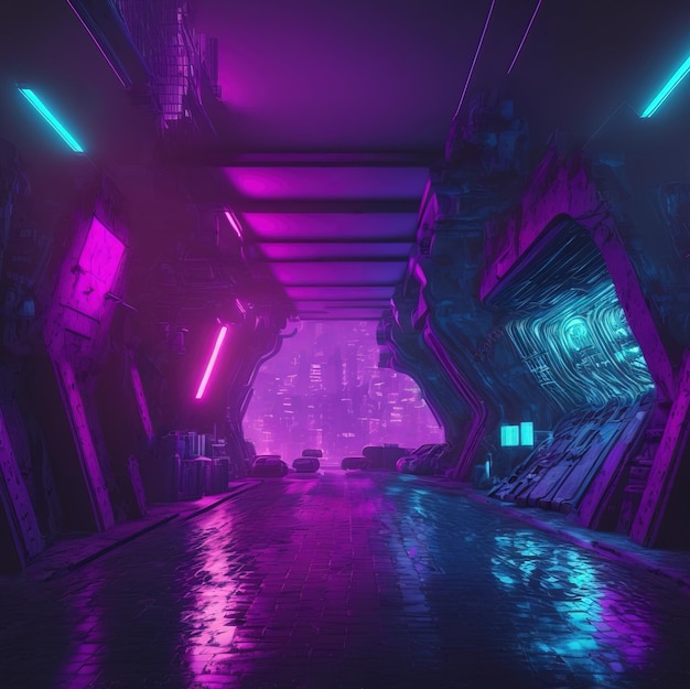 Zdjęcie futurystyczna ulica miasta z fioletowymi i niebieskimi neonami scena nocna tapeta cyberpunk strefa przemysłowa w mieście przyszłości fotorealistyczna ilustracja 3d