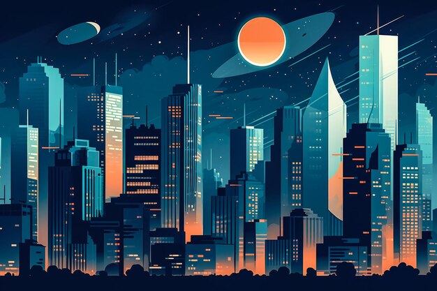 Futurystyczna wizja miasta o żywych kolorach Abstrakcyjna płaska ilustracja scifi future concept art