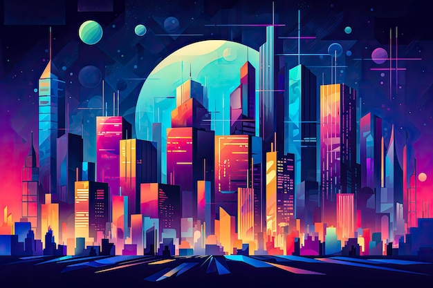 Futurystyczna wizja panoramy miasta z żywymi kolorami Abstrakcyjna płaska ilustracja Generatywna sztuczna inteligencja