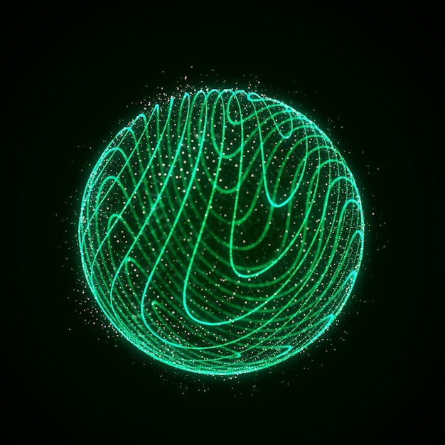 Futurystyczna zielona kula wykonana z cząstek Przepływ atomów w cyberprzestrzeni Koncepcja rozprzestrzeniania energii kosmicznej Renderowanie 3D