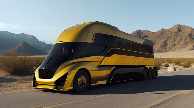 Futurystyczna żółta ciężarówka na koncepcji drogi