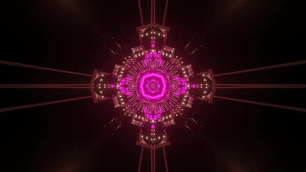 Zdjęcie futurystyczne abstrakcyjne kolorowe tło z błyszczącym neonowym oświetleniem o symetrycznym kształcie geometrycznym z odbiciami światła w ciemności