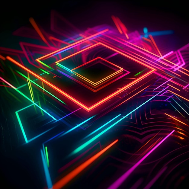 Futurystyczne abstrakcyjne tło ze świecącymi neonowymi kwadratami renderowania 3d