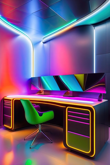Futurystyczne biuro z neonowym oświetleniem