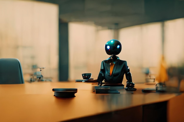 Futurystyczne biuro z pracownikiem-menadżerem robotów Generacyjna sztuczna inteligencja Nieoparta na żadnej rzeczywistej scenie ani wzorcu