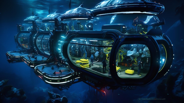 Zdjęcie futurystyczne centrum eksploracji z zaawansowanymi technologicznie stacjami badawczymi badającymi tajemnice głębin morza