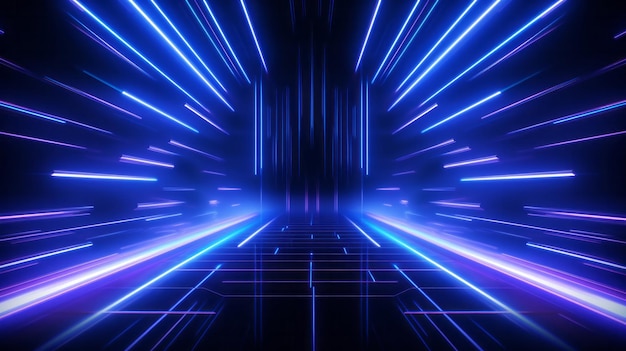 Futurystyczne, ciemnoniebieskie wnętrze statku kosmicznego ze świecącymi neonowymi światłami tunelu