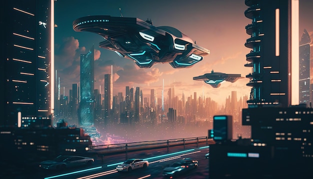 Futurystyczne cyberpunkowe cyfrowe miasto high-tech Generative AI