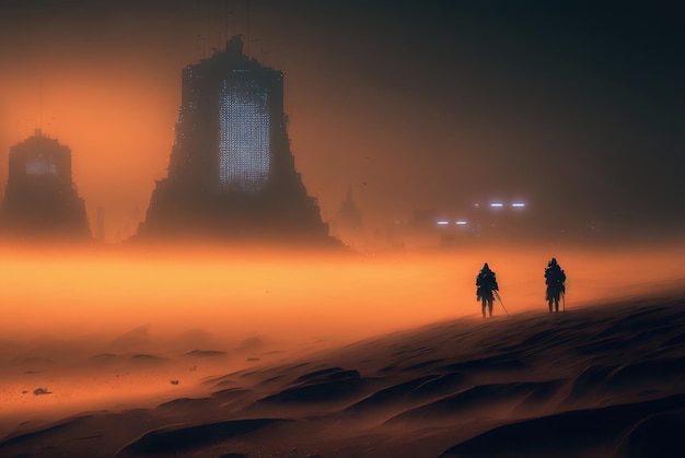 Futurystyczne cyberpunkowe miasto na pustynnych wydmach Postapokaliptyczne megapolis na wydmach Generacyjna sztuczna inteligencja