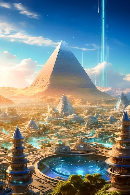 Futurystyczne kolorowe miasto w starożytnym Egipcie, ogromne futurystyczne cyber-świątynie miasto Ai Generated