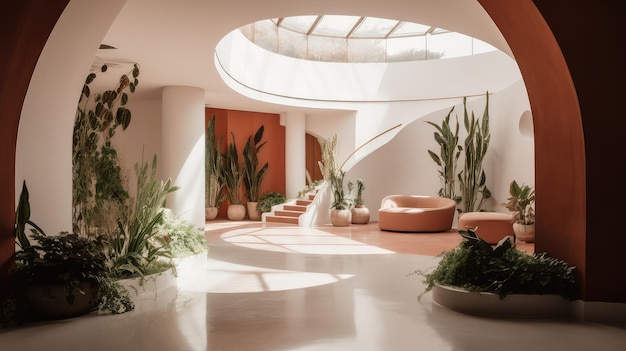 Futurystyczne krzywoliniowe wnętrze minimalistyczny foyer terakota Generative AI AIG18