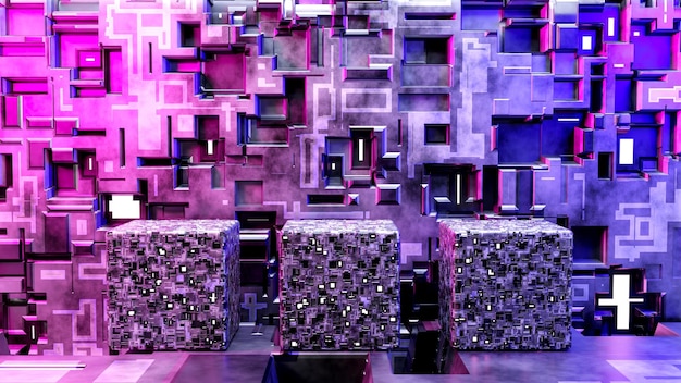 Zdjęcie futurystyczne metalowe tło scifi z pustym podium w pokoju do prezentacji produkturenderowanie 3d