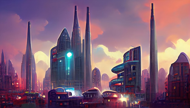 Futurystyczne miasto Concept Art Cityscape z jasnymi neonami ilustracja 3D