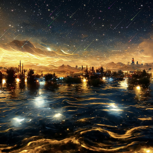 futurystyczne miasto nocą rozmazane światło pod dramatycznym gwiaździstym błękitnym niebem gwiazda spada na kosmiczną mgławicę