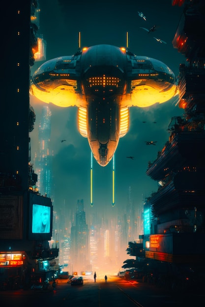 Futurystyczne miasto nocą z futurystycznym latającym spodkiem na pierwszym planie Generative AI