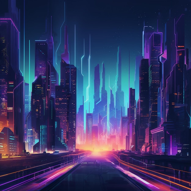 Futurystyczne miasto nocą z neonowymi światłami