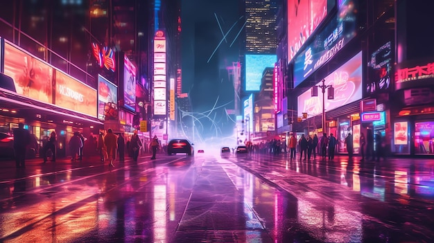 futurystyczne miasto scifi cyberpunk ze świecącymi neonami w nocy cyfrowa ilustracja