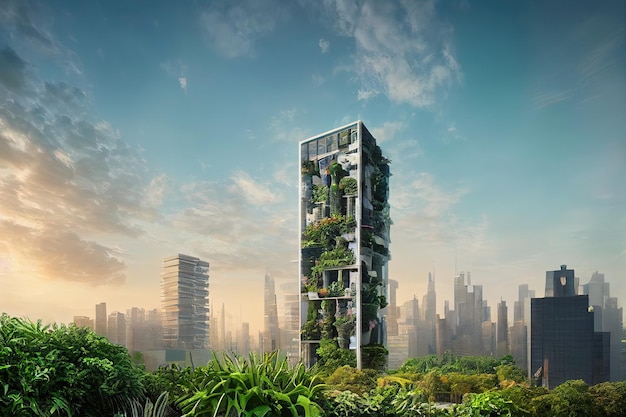 Futurystyczne miasto, wieżowce z wertykalnym ogrodem, zrównoważona energia, ekosystem, energia