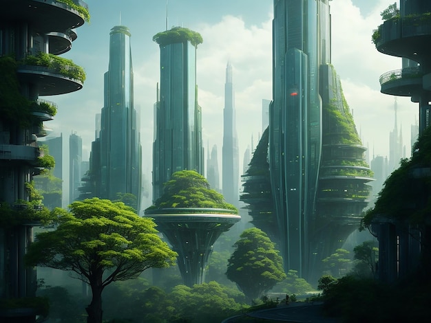 Futurystyczne miasto z drapaczami chmur i bujnym zielonym lasem