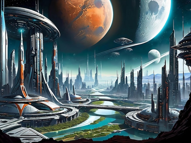 Zdjęcie futurystyczne miasto z księżycem w tle krajobraz egzoplanety świata science fiction