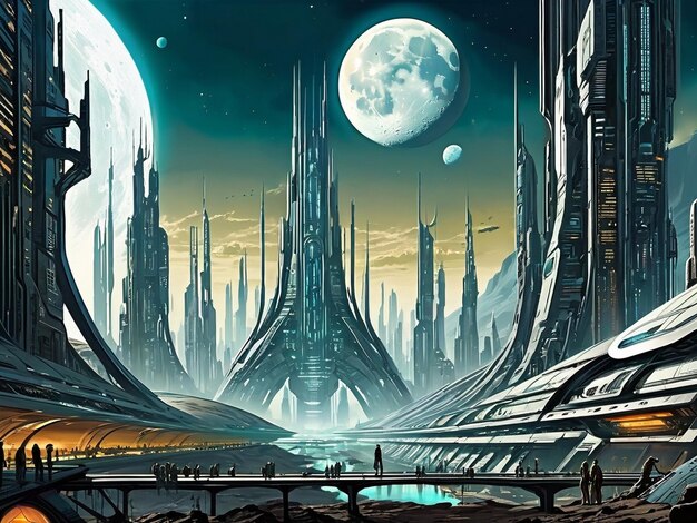 futurystyczne miasto z księżycem w tle krajobraz egzoplanety świata science fiction