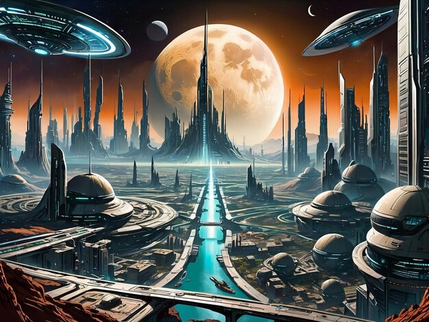 Zdjęcie futurystyczne miasto z księżycem w tle, świat science fiction, krajobraz egzoplanety
