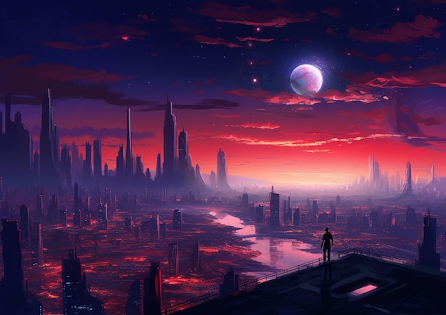 futurystyczne miasto z mężczyzną stojącym na dachu i patrzącym na księżyc generatywnej AI