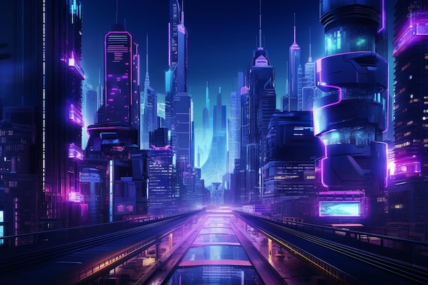 futurystyczne miasto z neonami i budynkami