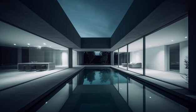 Futurystyczne mieszkanie ze znikającym niebieskim odbiciem basenu wygenerowanym przez sztuczną inteligencję