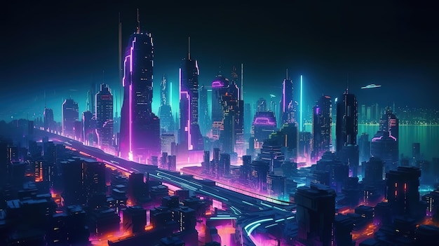 Futurystyczne neonowe miasto Jasny kolor Generative Ai