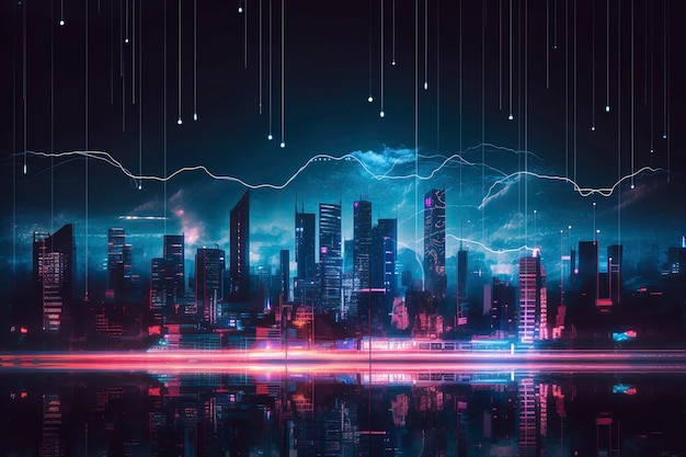 Futurystyczne neonowe miasto Stworzone przy użyciu generatywnej technologii AI