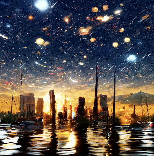 futurystyczne nocne miasto rozmyte światło pod dramatycznym gwiaździstym błękitnym niebem gwiazda spada na kosmiczną mgławicę