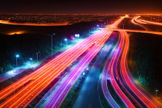 Futurystyczne nowoczesne miasto przyszłości z autostradą w nocy generatywną sztuką AI