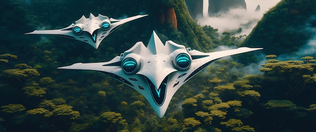 Futurystyczne odrzutowce przelatują nad mglistą dżunglą kosmitów AIGenerated
