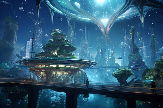 Futurystyczne podwodne miasto, w którym bioluminescencyjne 00383 03