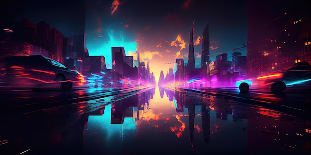 Futurystyczne pomysłowe miasto metaverse pod neonami