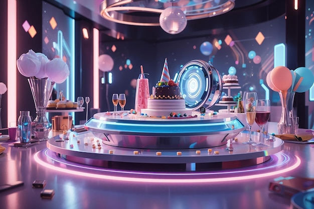 Futurystyczne przyjęcie urodzinowe w eleganckiej i nowoczesnej przestrzeni z dekoracjami holograficznymi