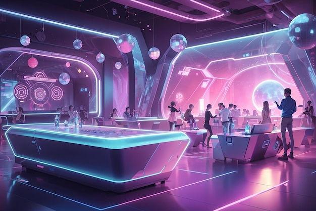 Futurystyczne przyjęcie urodzinowe w eleganckiej i nowoczesnej przestrzeni z dekoracjami holograficznymi