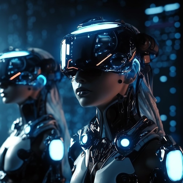 Futurystyczne roboty z okularami vr oglądające d film tour gogle wirtualnej rzeczywistości