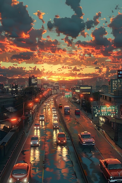 Futurystyczne samochody na ulicy przy zachodzie słońca w estetyce anime